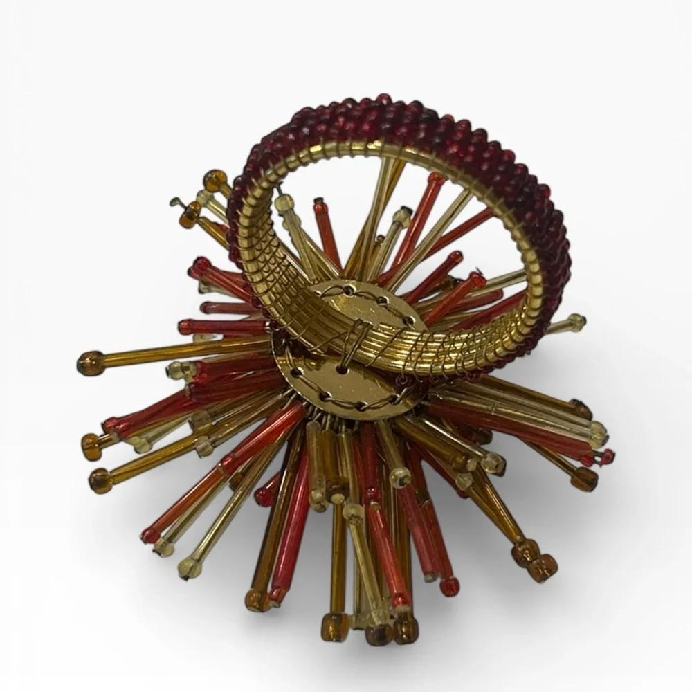 Vintage Pier 1 Atomic Starburst Red Beaded Napkin Ring Set of 6
